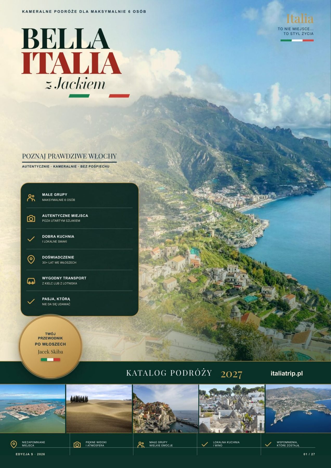 Okładka katalogu Bella Italia z Jackiem, katalog podróży 2027, 27 stron