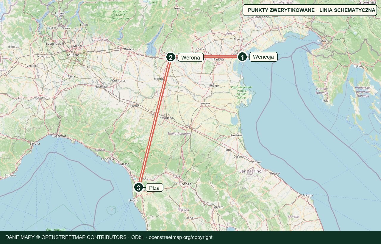 Mapa trasy Wenecja · Werona · Piza