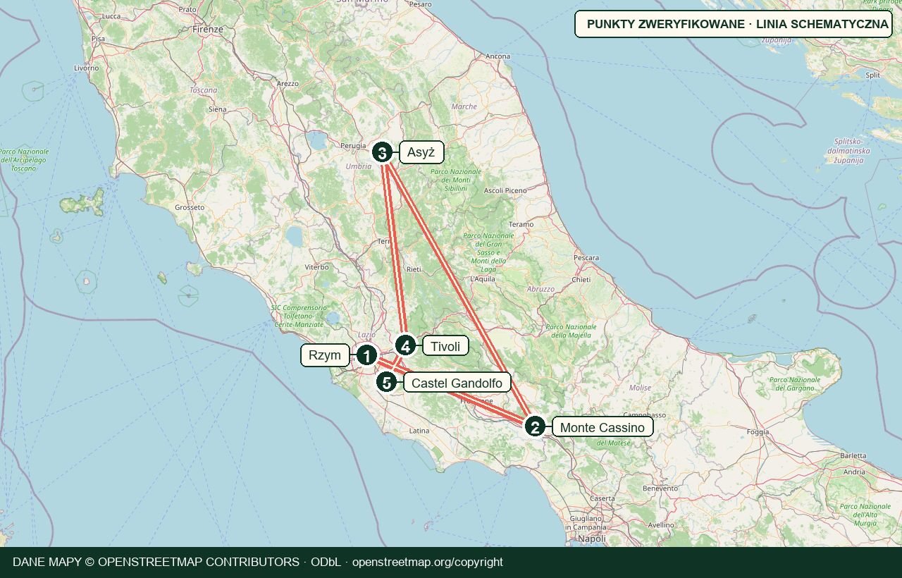 Mapa trasy Rzym · Monte Cassino · Asyż