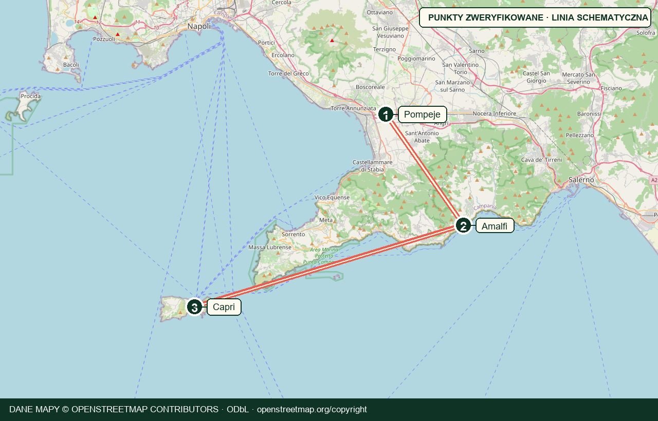 Mapa trasy Pompeje · Amalfi · Capri