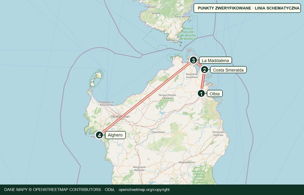 Mapa trasy Sardynia · Costa Smeralda · Alghero